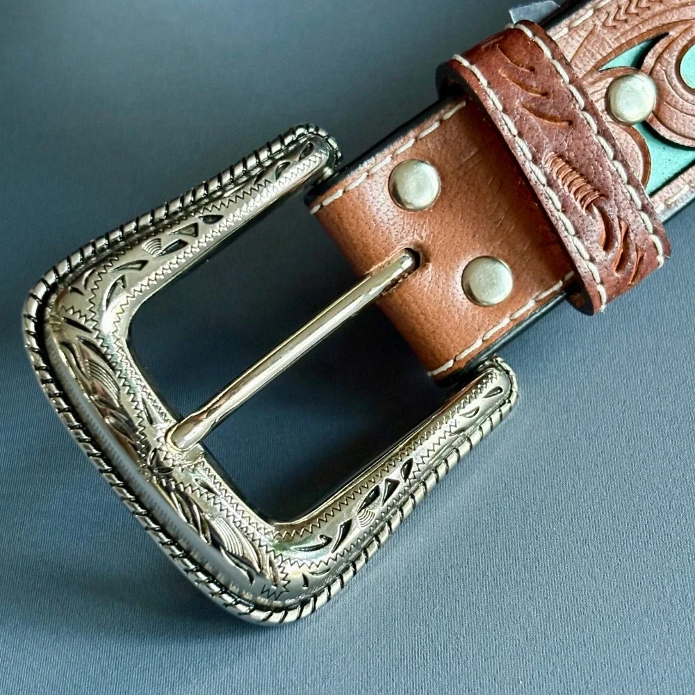 Nocona Mens Brown Leather Tooled Feather Turquoise Western Belt | Sz 34 |